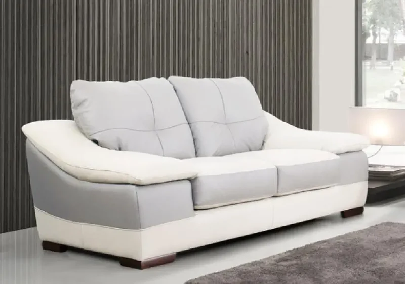 Canapé droit bicolore en cuir crème et gris - Carman