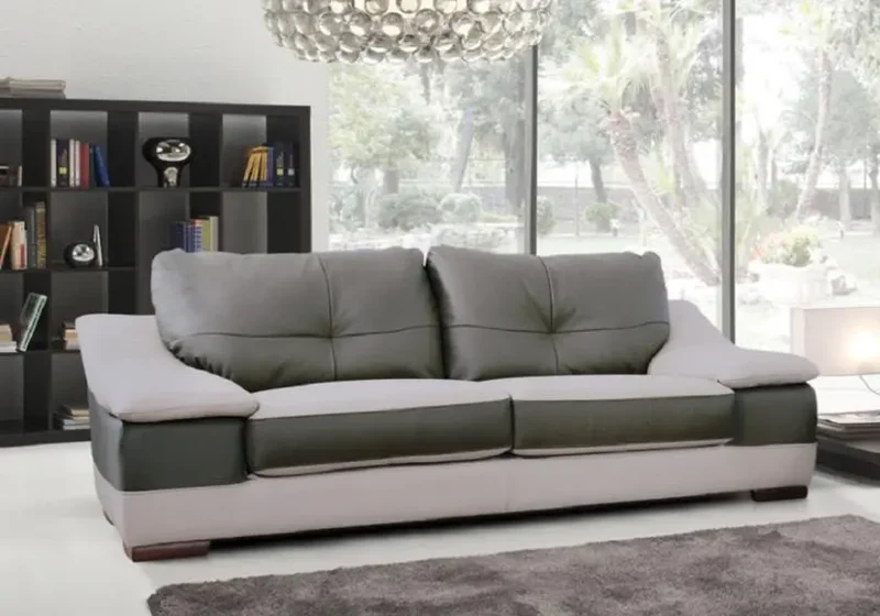 Canapé droit bicolore en cuir beige et gris - Carman