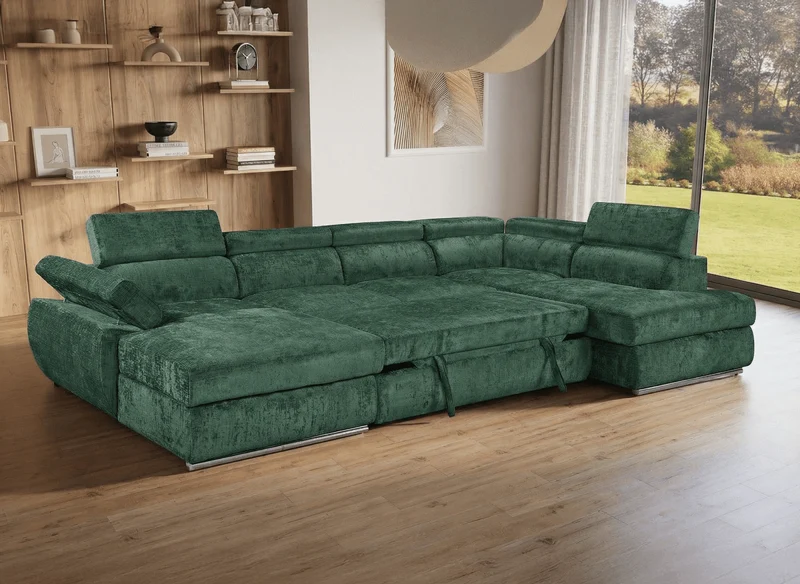 Canapé panoramique convertible avec coffre en velours chiné vert olive MARIANO - Angle gauche