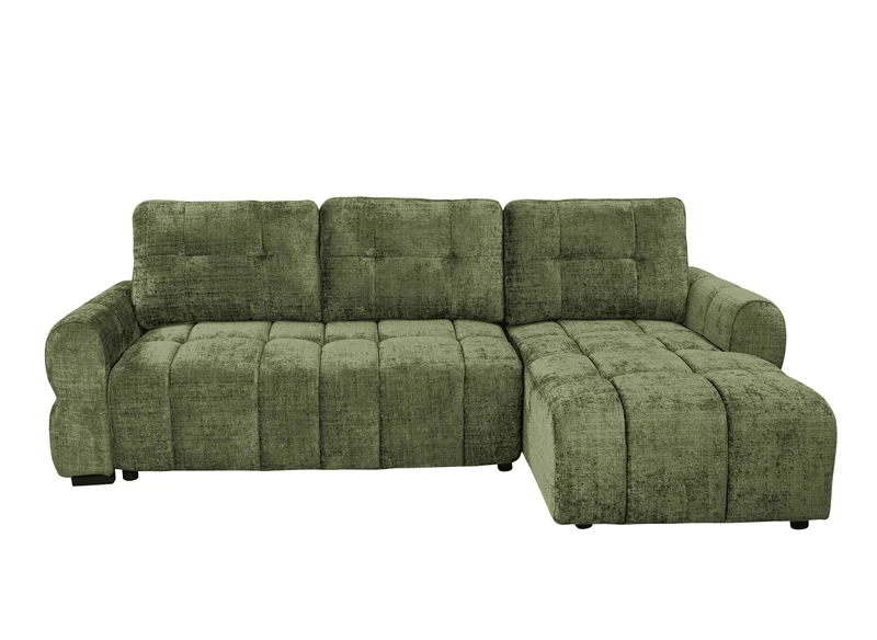 Canapé d'angle convertible avec coffre en velours chiné vert olive MAHLONE - Angle droit