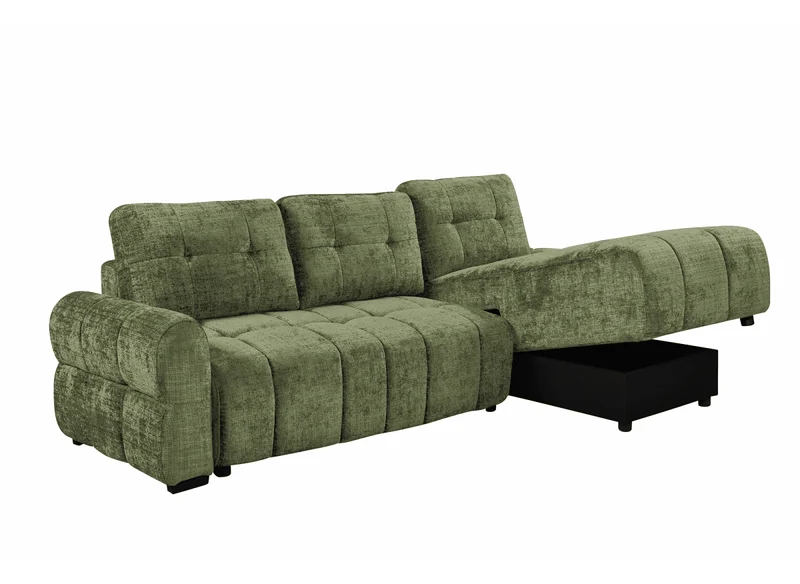Canapé d'angle convertible avec coffre en velours chiné vert olive MAHLONE - Angle droit
