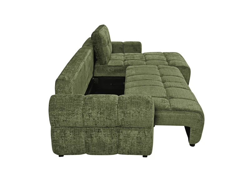 Canapé d'angle convertible avec coffre en velours chiné vert olive MAHLONE - Angle droit
