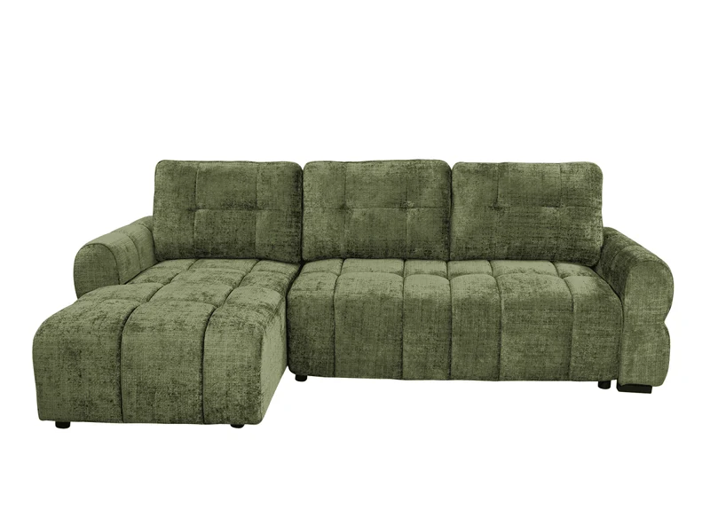 Canapé d'angle convertible avec coffre en velours chiné vert olive MAHLONE - Angle gauche