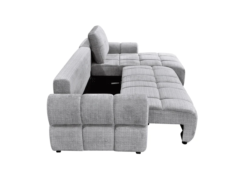 Canapé d'angle convertible avec coffre en velours chiné gris MAHLONE - Angle droit