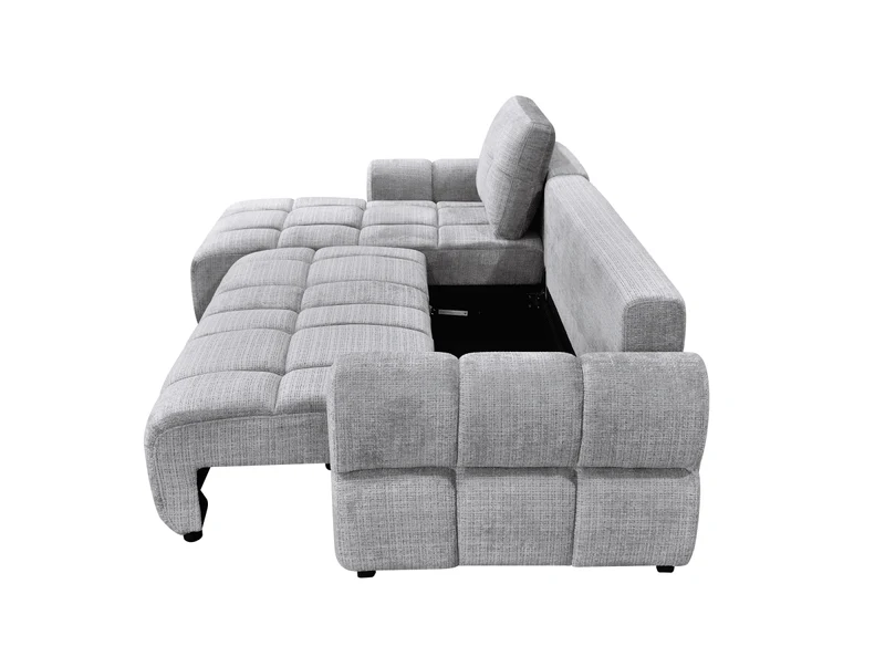 Canapé d'angle convertible avec coffre en velours chiné gris MAHLONE - Angle gauche