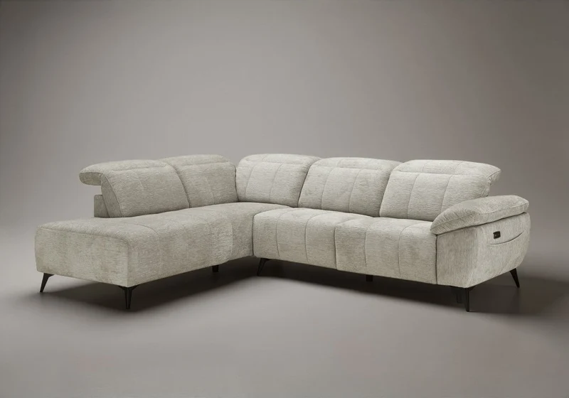 Canapé d'angle relax électrique en velours chiné beige SOLINA - Angle gauche