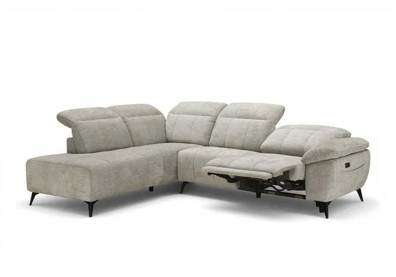 Canapé d'angle relax électrique en velours chiné beige SOLINA - Angle gauche