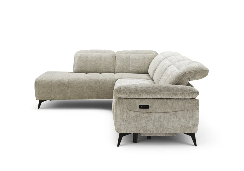 Canapé d'angle relax électrique en velours chiné beige SOLINA - Angle gauche