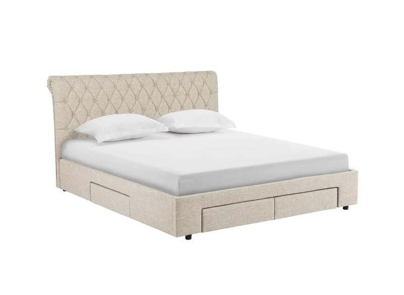Lit double avec 4 tiroirs en lin beige 160x200 cm LEANDRE