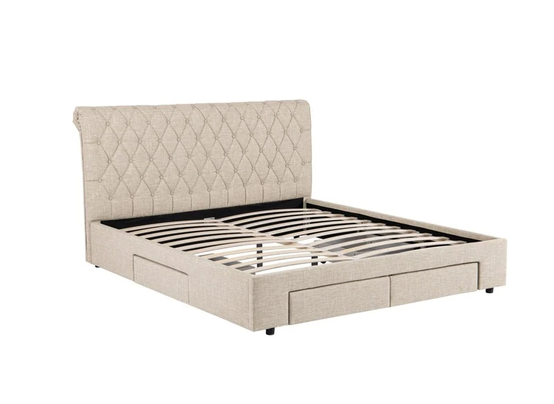Lit double avec 4 tiroirs en lin beige 160x200 cm LEANDRE