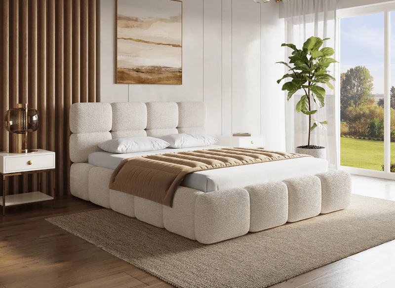 Lit coffre en tissu bouclette beige 160x200 cm BUBBLE