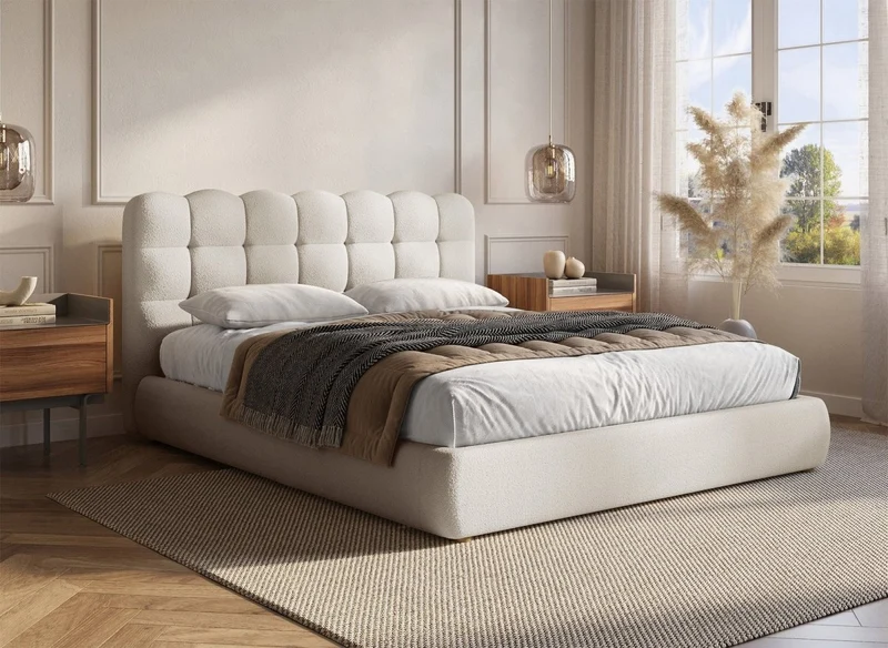 Lit coffre en tissu bouclette beige 180x200 cm BISCUIT