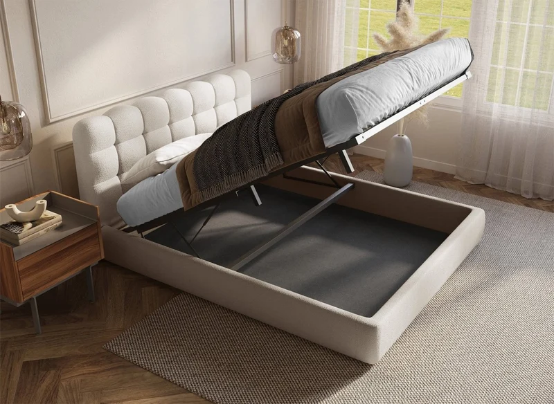 Lit coffre en tissu bouclette beige 140x190 cm BISCUIT