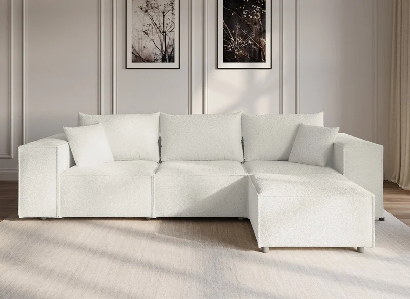 Canapé d'angle modulable en tissu effet peau de mouton blanc écru HARLEM