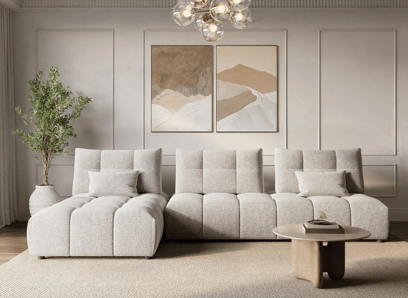 Canapé d'angle réversible en velours texturé beige ALANA