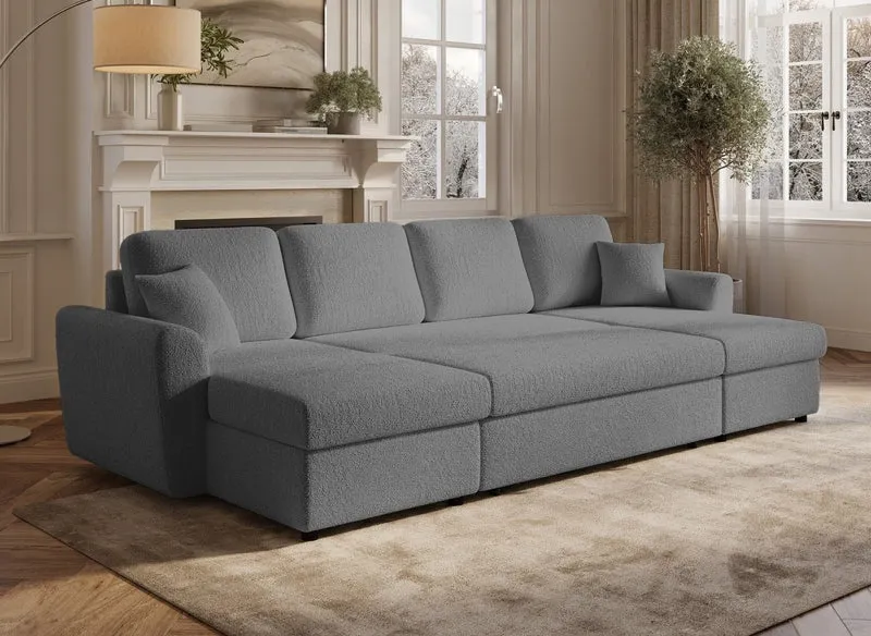 Canapé panoramique convertible avec coffres en tissu bouclette gris ADRYEN