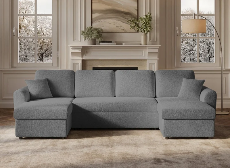 Canapé panoramique convertible avec coffres en tissu bouclette gris ADRYEN
