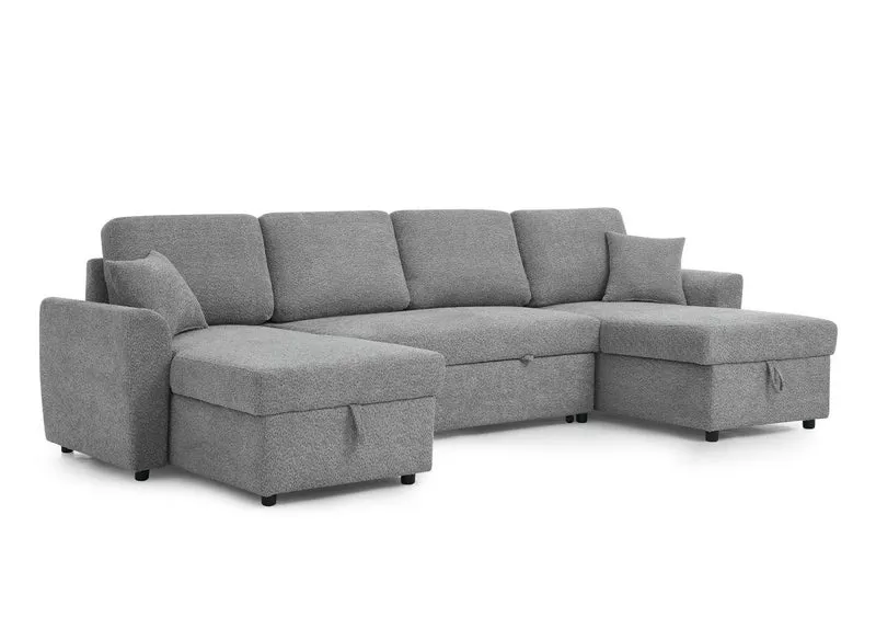 Canapé panoramique convertible avec coffres en tissu bouclette gris ADRYEN
