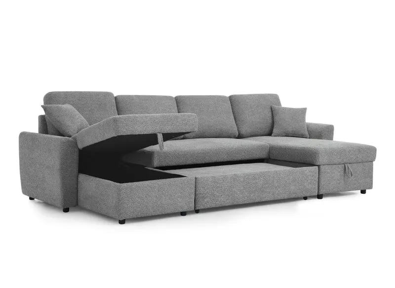 Canapé panoramique convertible avec coffres en tissu bouclette gris ADRYEN
