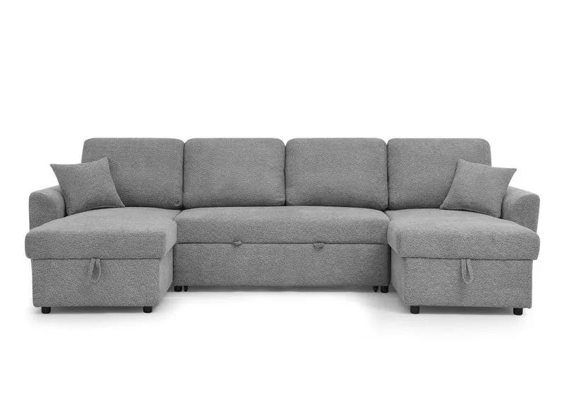 Canapé panoramique convertible avec coffres en tissu bouclette gris ADRYEN