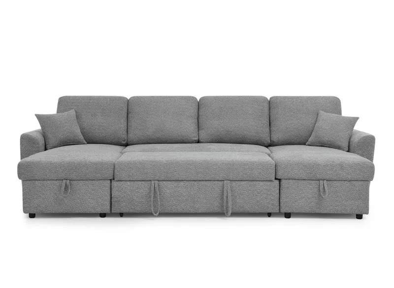 Canapé panoramique convertible avec coffres en tissu bouclette gris ADRYEN