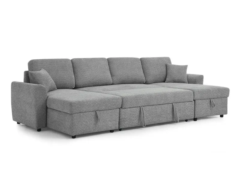 Canapé panoramique convertible avec coffres en tissu bouclette gris ADRYEN