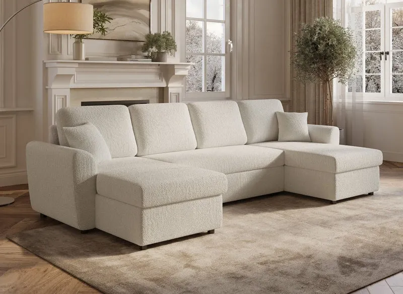 Canapé panoramique convertible avec coffres en tissu bouclette beige ADRYEN