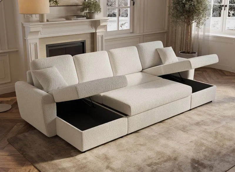 Canapé panoramique convertible avec coffres en tissu bouclette beige ADRYEN