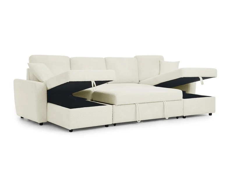Canapé panoramique convertible avec coffres en tissu bouclette beige ADRYEN