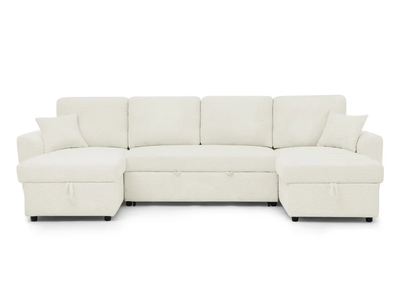 Canapé panoramique convertible avec coffres en tissu bouclette beige ADRYEN