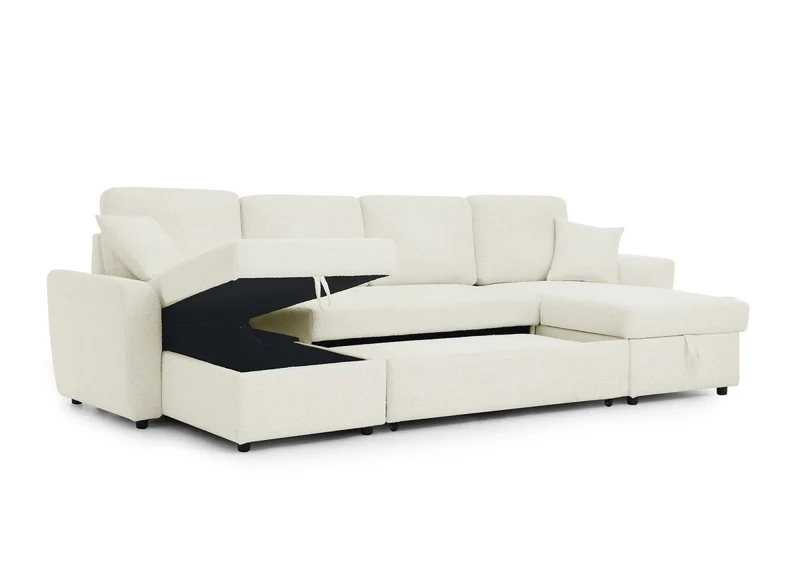 Canapé panoramique convertible avec coffres en tissu bouclette beige ADRYEN