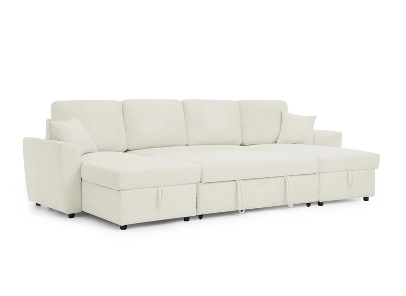 Canapé panoramique convertible avec coffres en tissu bouclette beige ADRYEN