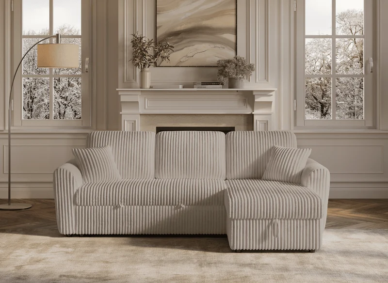 Canapé d'angle convertible et réversible avec coffre en velours côtelé épais taupe ADRYEN