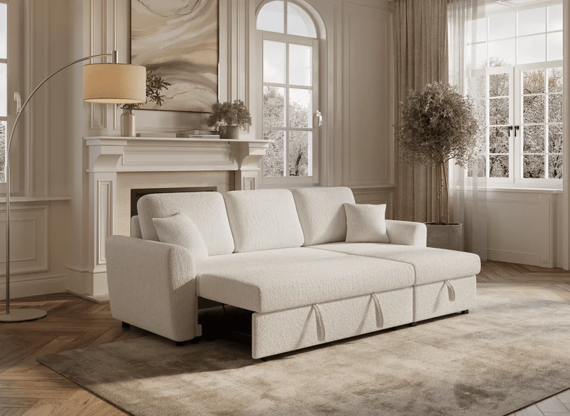 Canapé d'angle convertible et réversible avec coffre en tissu bouclette beige ADRYEN