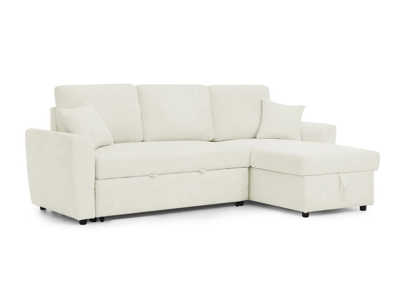 Canapé d'angle convertible et réversible avec coffre en tissu bouclette beige ADRYEN