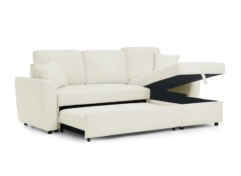 Canapé d'angle convertible et réversible avec coffre en tissu bouclette beige ADRYEN