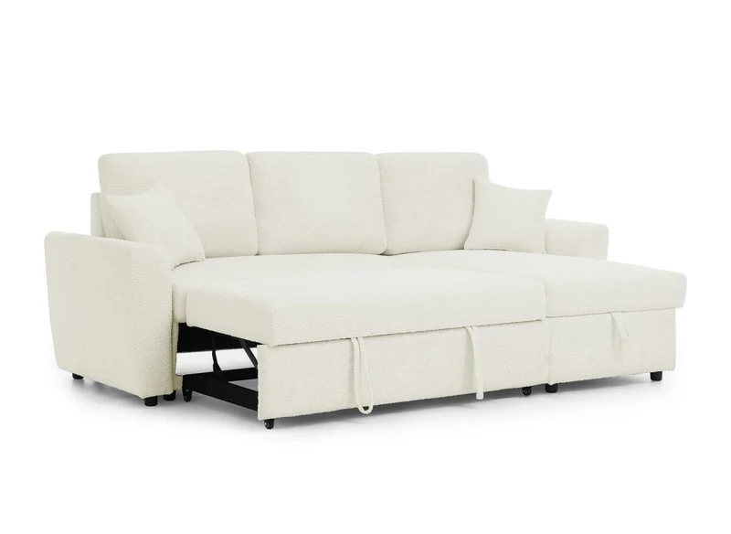 Canapé d'angle convertible et réversible avec coffre en tissu bouclette beige ADRYEN