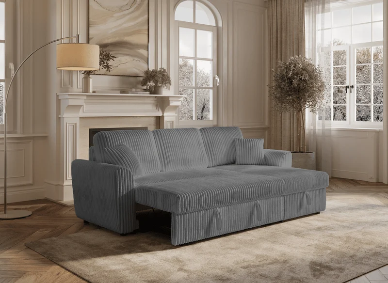 Canapé d'angle convertible et réversible avec coffre en velours côtelé épais gris ADRYEN