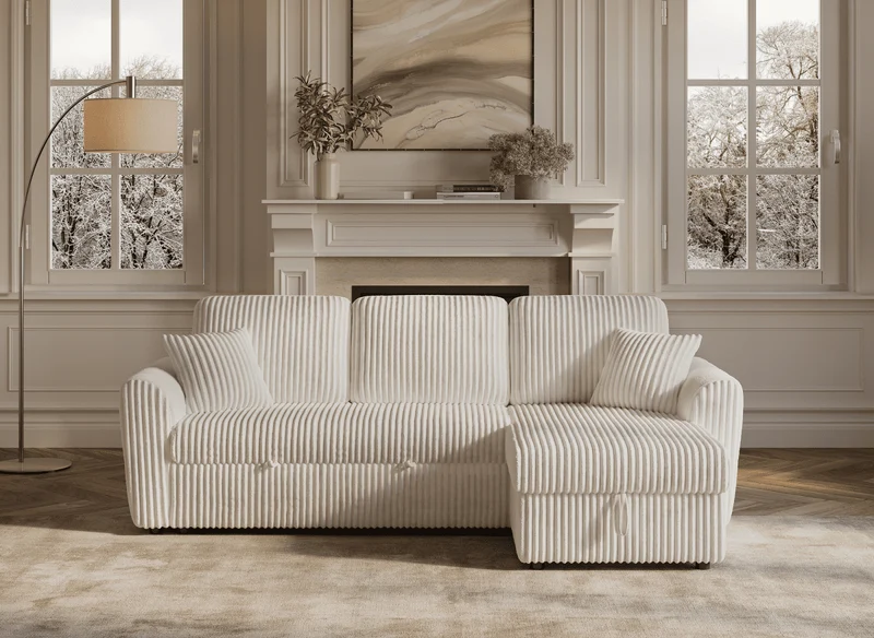 Canapé d'angle convertible et réversible avec coffre en velours côtelé épais beige ADRYEN
