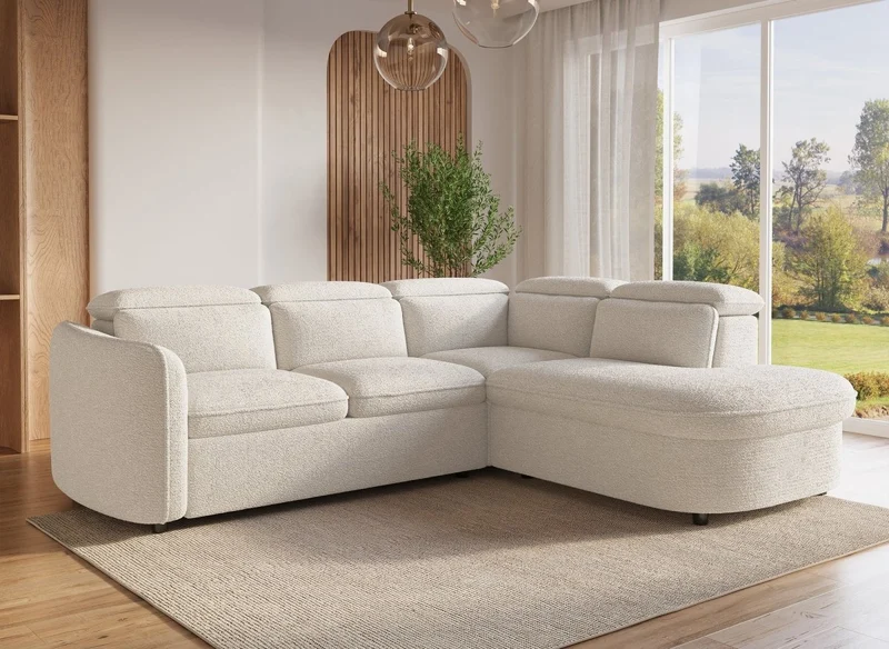 Canapé d'angle convertible avec coffre en tissu bouclette écru BAYA - angle droit