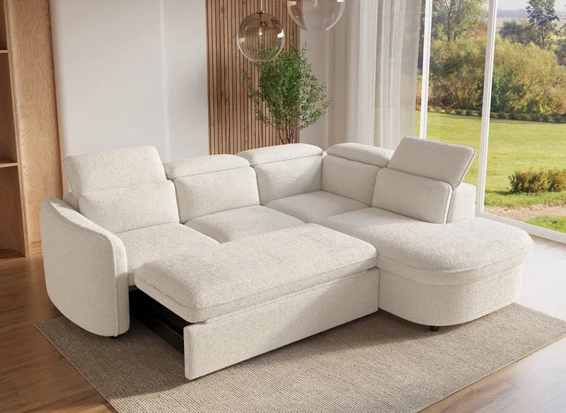 Canapé d'angle convertible avec coffre en tissu bouclette écru BAYA - angle droit