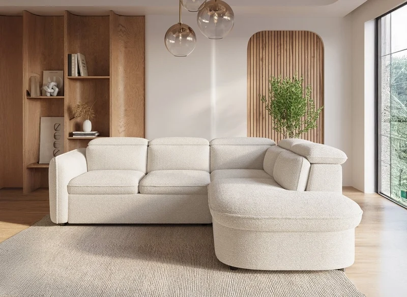 Canapé d'angle convertible avec coffre en tissu bouclette écru BAYA - angle droit