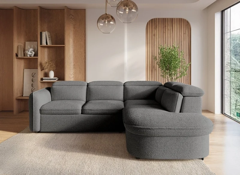 Canapé d'angle convertible avec coffre en tissu bouclette gris BAYA - angle droit