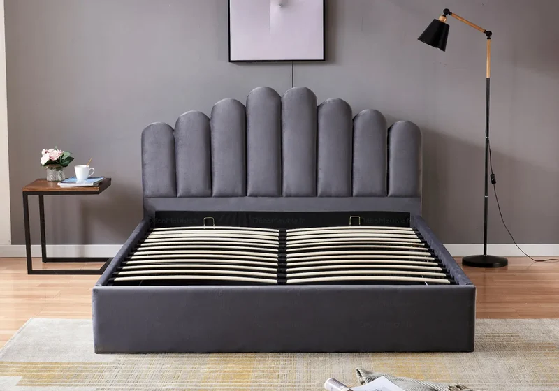 Lit coffre velours gris capitonné - Carla