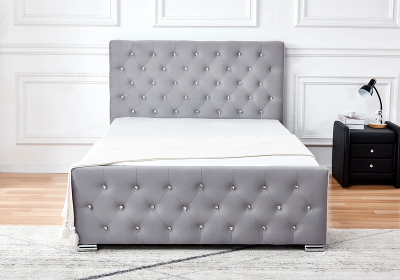 Lit double capitonné en velours gris avec strass - Anis