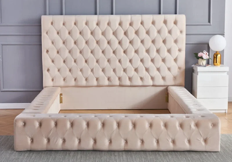 Lit capitonné velours beige - Celia