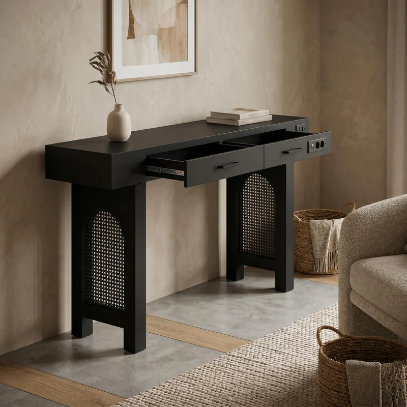 Console noire pieds en rotin 2 tiroirs et avec prises & USB MOMENTUMQUAZ