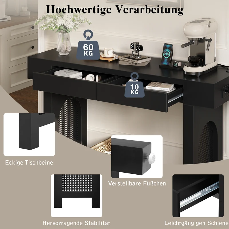 Console noire pieds en rotin 2 tiroirs et avec prises & USB MOMENTUMQUAZ