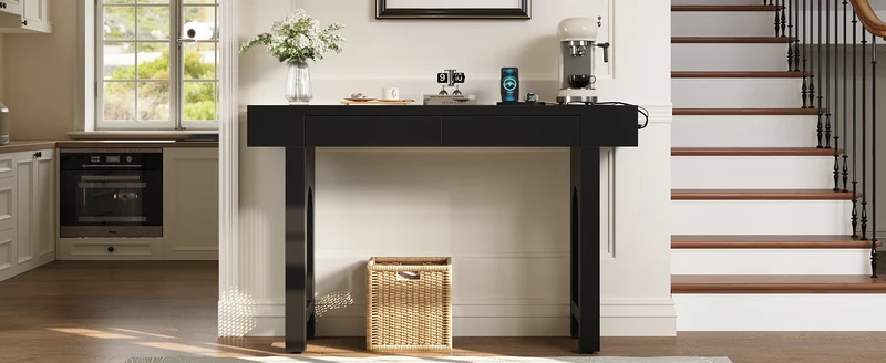 Console noire pieds en rotin 2 tiroirs et avec prises & USB MOMENTUMQUAZ