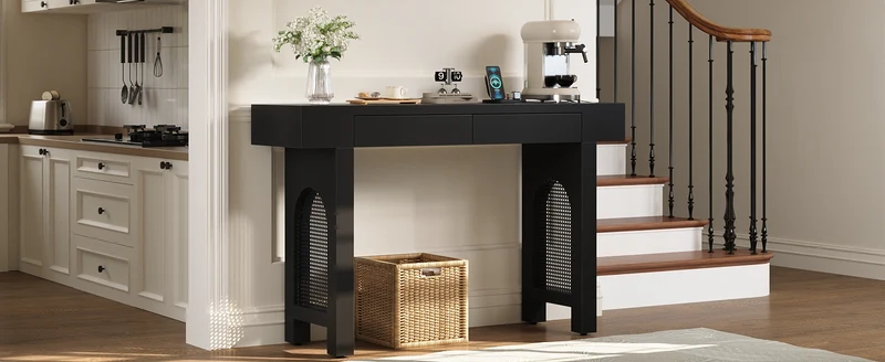 Console noire pieds en rotin 2 tiroirs et avec prises & USB MOMENTUMQUAZ